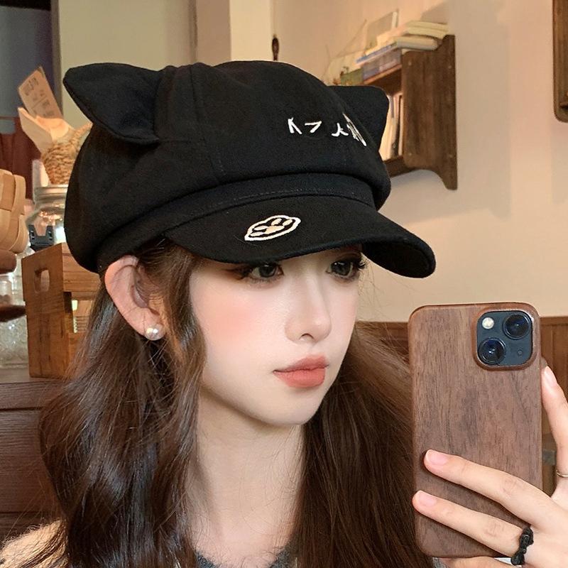 Korean Retro Cat Ear Octagonal Beret For Women Autumn And Winter Brushed And Warm