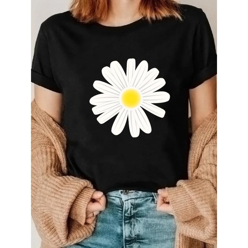 

[Printed Design - Not Textured] 1pc New Springsummer Round-neck Pullover T-shirt with Fresh Daisy Print, Vibrant Design. 4XL чорний
