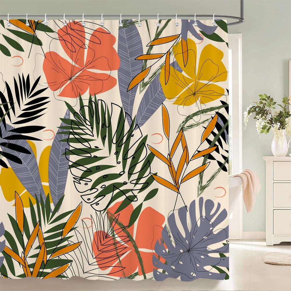 Tropical Plant Leaves Shower Curtain Nordic Minimalist Floral Bath Curtain Waterproof Fabric 3D Bathroom Curtains With Hooks