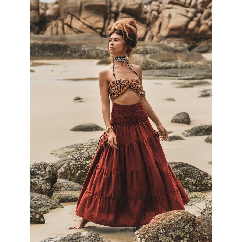 Tiered A Line Skirt Women Forest Fairy Pockets Patchwork Long Dress Elastic Waist Vintage Hippie Gypsy Maxi Skirt
