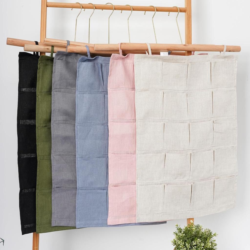 100% Linen Hanging Storage Bag with 20 Pockets, Wall Hang Over The Door Closet Organizer for Socks Underpants, Blue