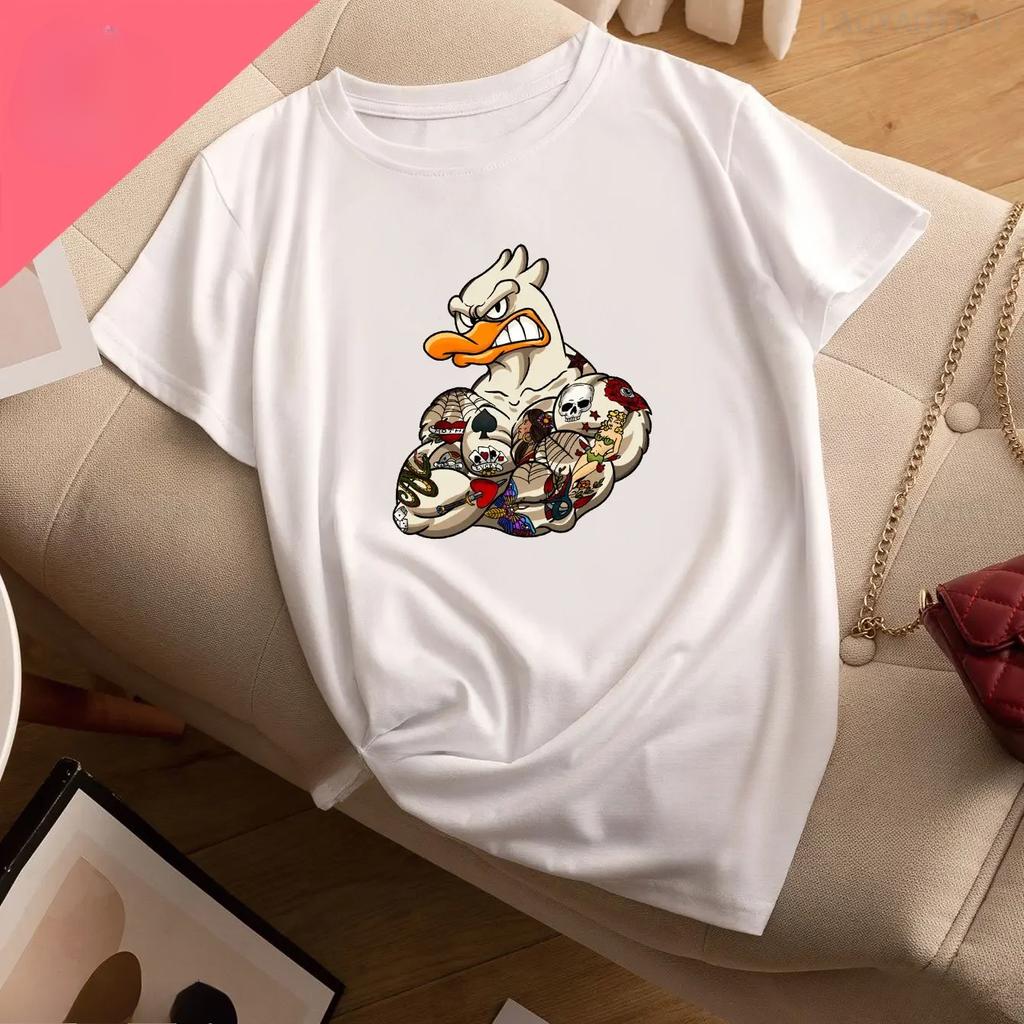 Funny Duck Print Casual Sports Printed T-shirt Women Round Neck Running Fitness Short Sleeves Tops Women's Activewear Fashion