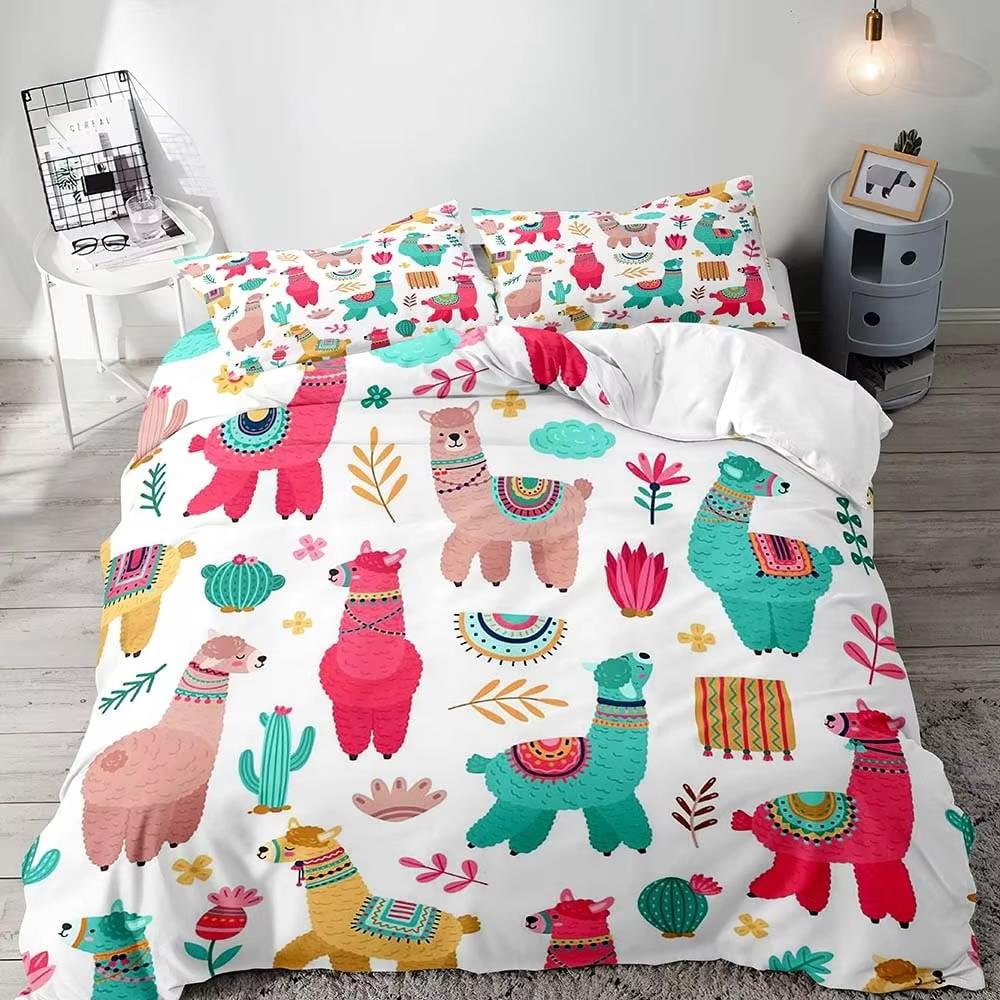 Alpaca Duvet Cover Set Boys Girls Cute Cartoon Animal Comforter Covers Kids And Teenagers Room Green Bedding 2/3 Pcs With Zipper