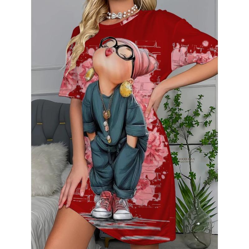 Plus Size Ladies Cute Kiss Girls Printed Round Neck Short Sleeve Nightgowns and Dresses