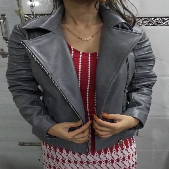 Noora Women's GREY Genuine Lambskin Leather Biker Jacket, Stylish Motorcycle Slim fit Leather Jacket, Clubbing Jacket for Movie Date, Gift Fr Winter