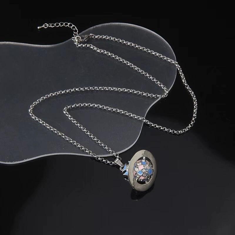 Empress Cixi Blue Pink Saturn Sphere Pendant Diamond Sweater Chain Necklace