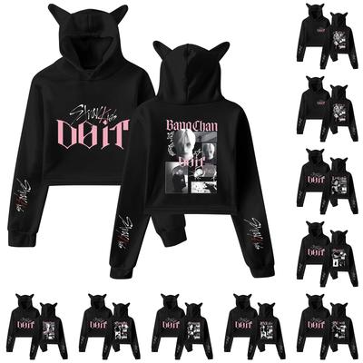 Stylish Women's Hooded Pullover Sweatshirt With Stray Kids Print, Trendy Long-sleeved Top.
