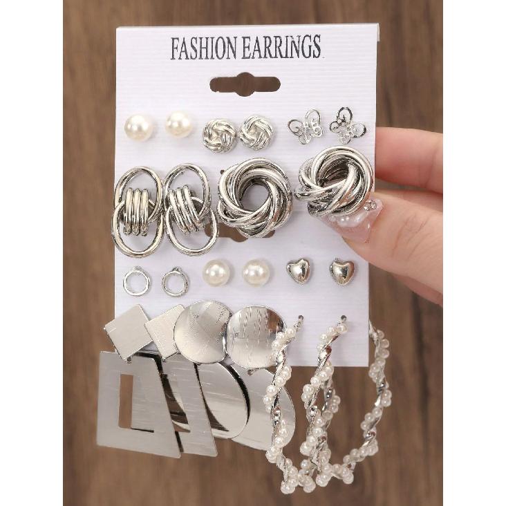 

Винтажные серьги-кольца из 2 комплектов/упаковка из металла золотого цвета с витым жемчугом для женщин и девочек, геометрический узел, висячие серьги в форме сердца, комплект ювелирных изделий Silver 1