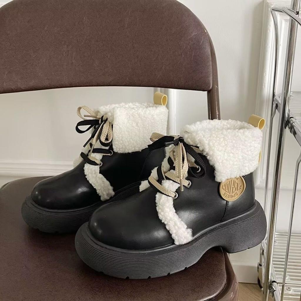 Snow Boots Women's Winter 2025 New College Style Small Leather Shoes Velvet Martin Boots Thick-soled Warm Big Head Ugly Cute Cotton Shoes