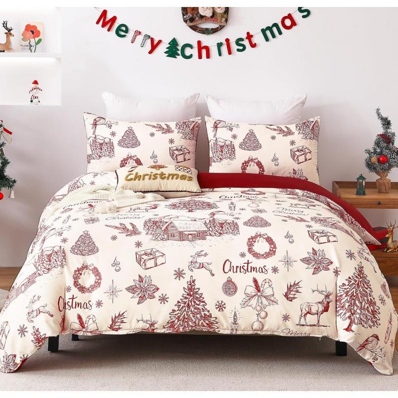 3 Red Christmas Duvet Covers With reindeer, snowflakes, farmhouse, Soft Microfiber Including 2 Pillowcases