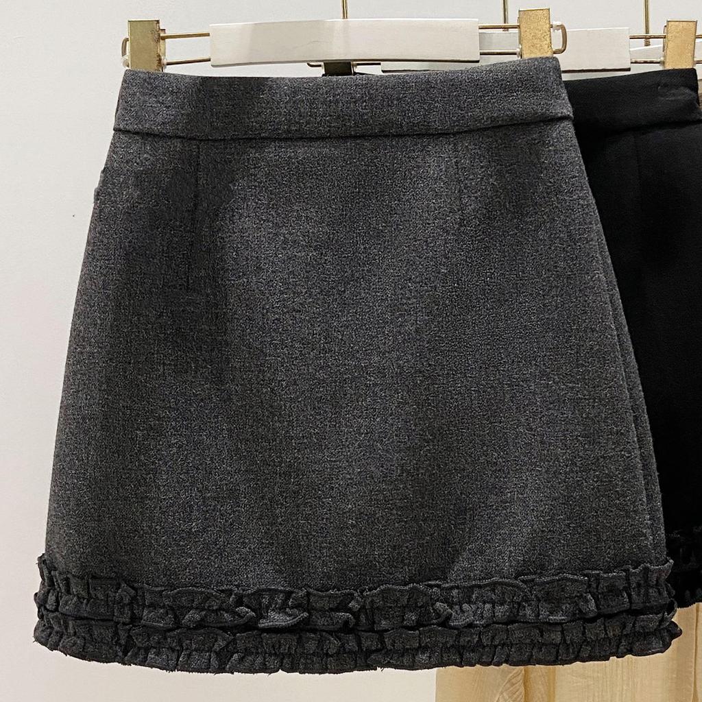Women's College Style Wool Blend A-Line Skirt with Ear Trim, Thickened for Slimming Fit, Spring/Autumn, Plus Size