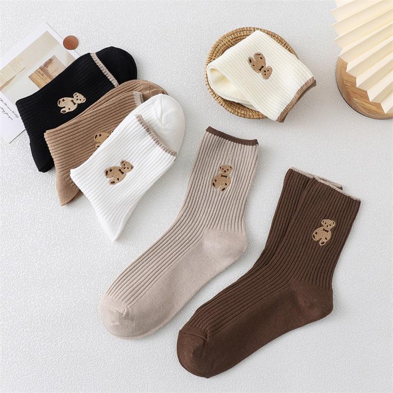 Female Spring and Autumn Striped Embroidered Bear Middle Tube Pile Cotton Socks