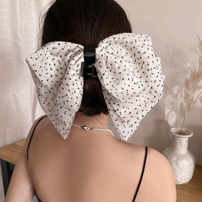 Korean polka dot three-layer mesh smart bow ponytail clip half tie hair back head shark clip clip hair jewelry
