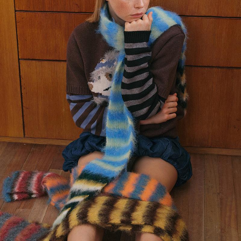 12*180cm Luxury Y2K Styles Winter Warm Knitted Small Wool Scarf Women Stripe Shawls Lady Soft Wraps Neckerchief