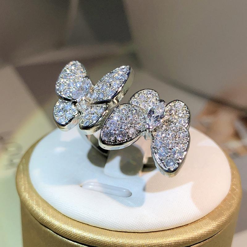 925 Sterling Silber Exquisiter Pavé Zirkon Ring Damenschmuck Schmetterling Offener Ring Party Cocktail Geschenk Für Freundin Großhandel