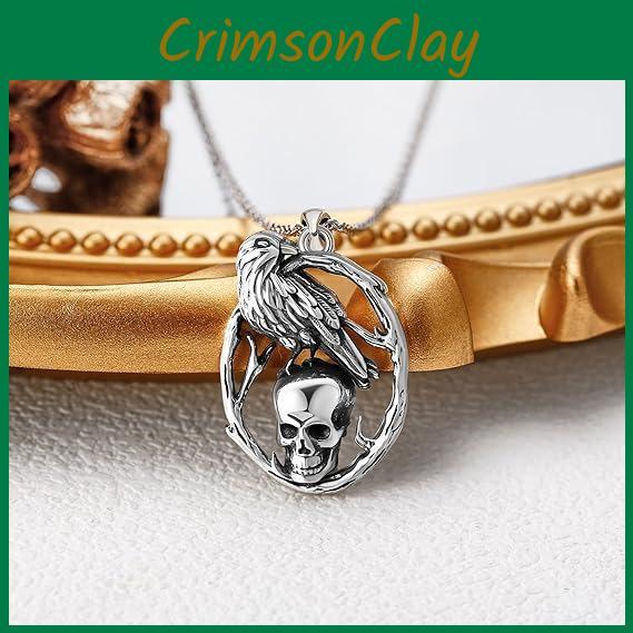Halloween Skull Pendant Necklace With Crow Shape Design For Gothic Fashion Enthusiasts