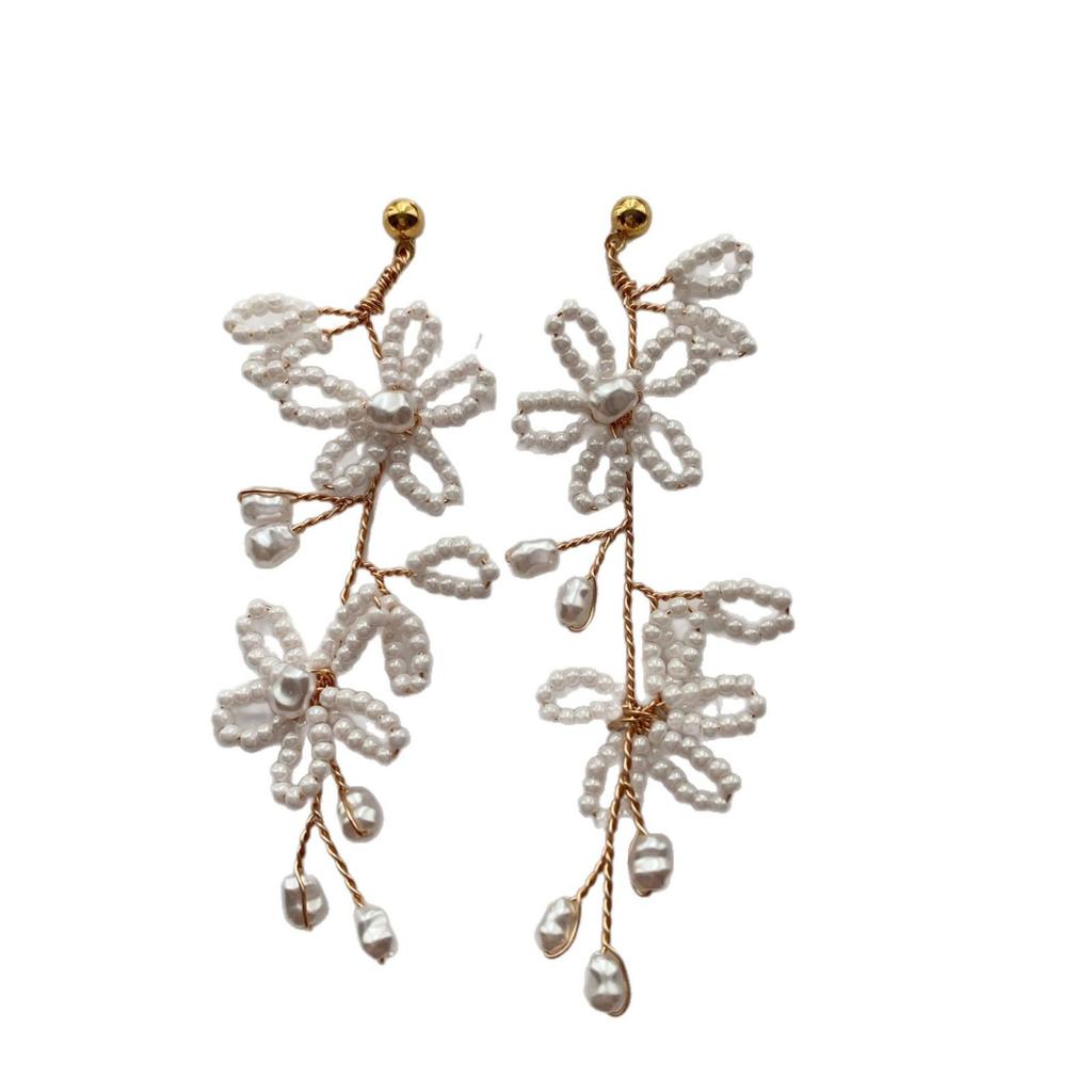 Pearl Rice Beads Flower Beaded Fringed Earrings Earrings Versatile Fresh And Elegant Natural Temperament Earrings