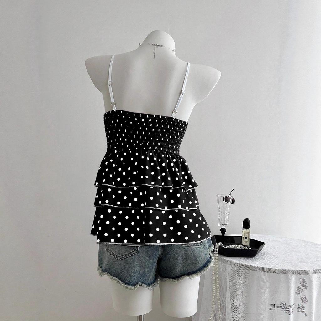 Women's Black & White Polka Dot Spaghetti Strap Lace Tank Top - Sweet & Spicy Spring/Summer Style