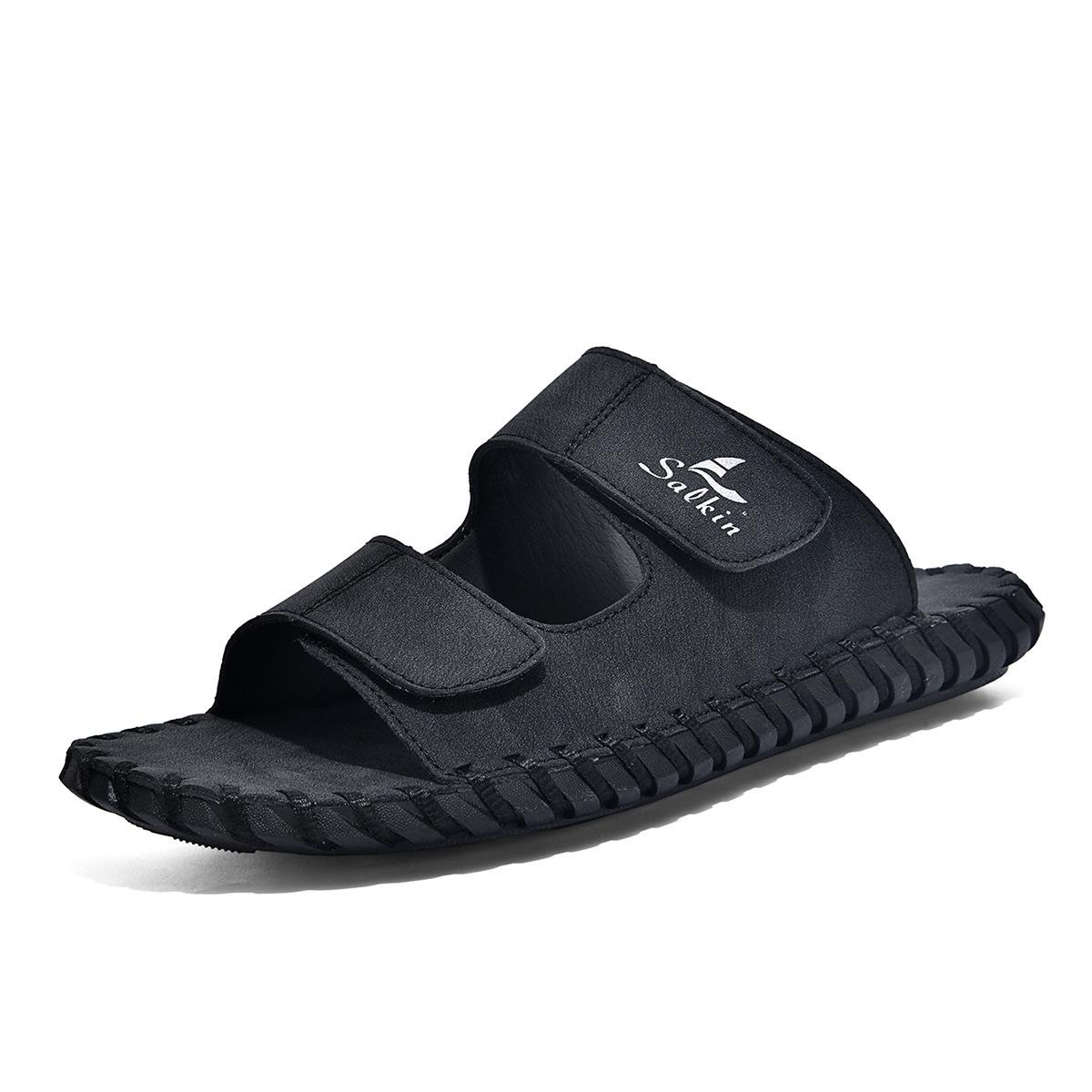 Summer 2026 Large Size Men s Leather Casual Outdoor Beach Slippers, Size 48, with Soft Sole 44 чёрный