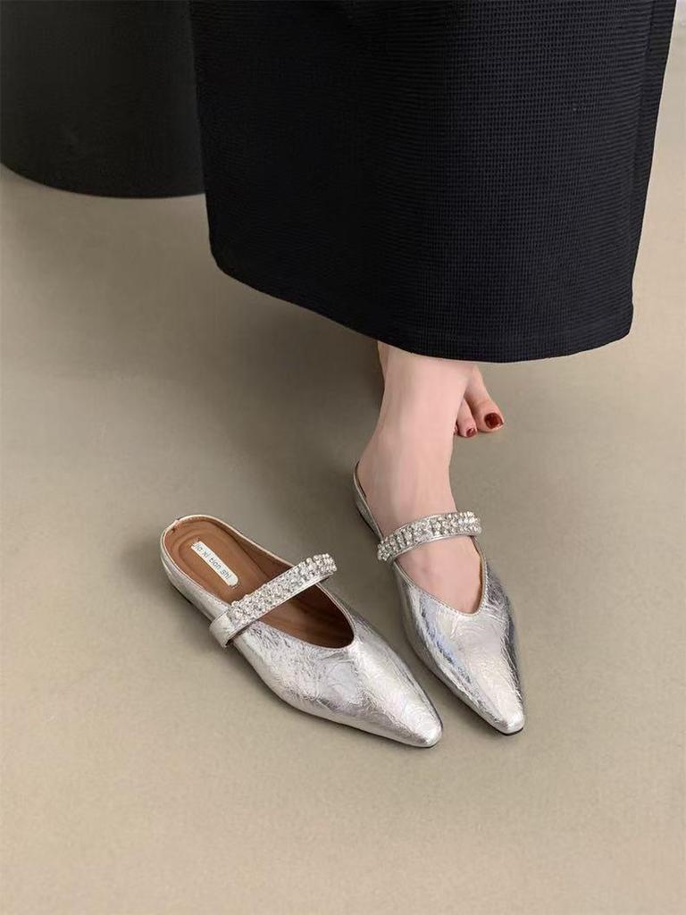 Spring 2025 European and American Square Toe Rhinestone Backless Sandals