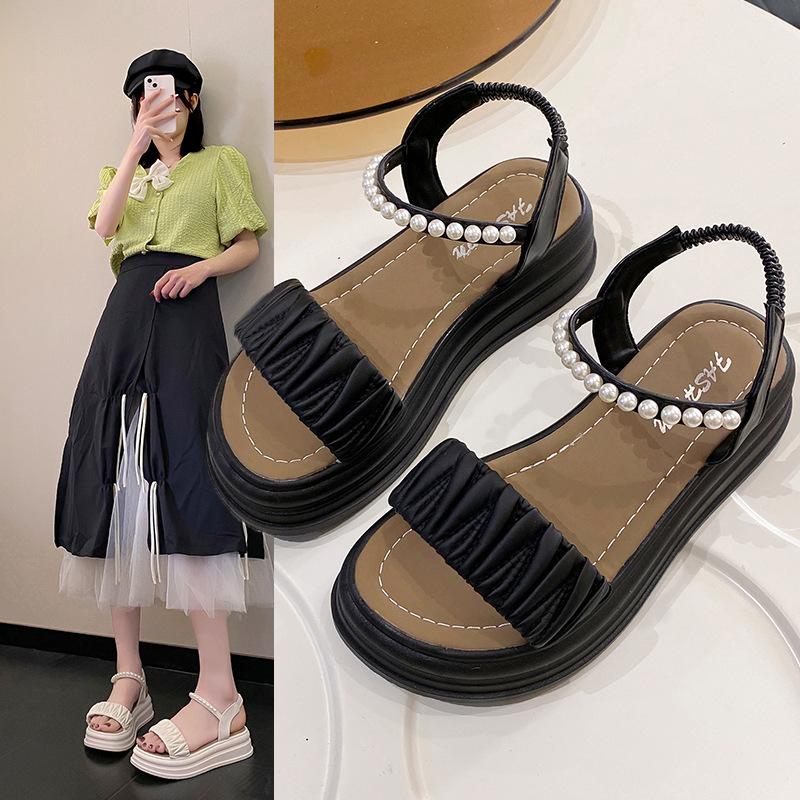 Muffin platform Roman sandals fairy fairy wind summer flat pearl strap elastic sandals large size
