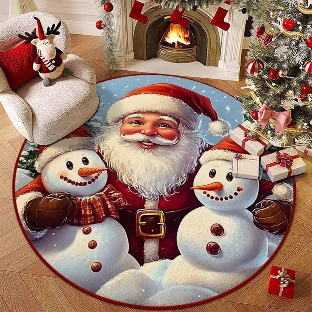 Polyester Christmas Round Mat Snowman Cartoon Anti-Slip Round Rug Snowflake Print Decorative Floor Rugs Winter Season