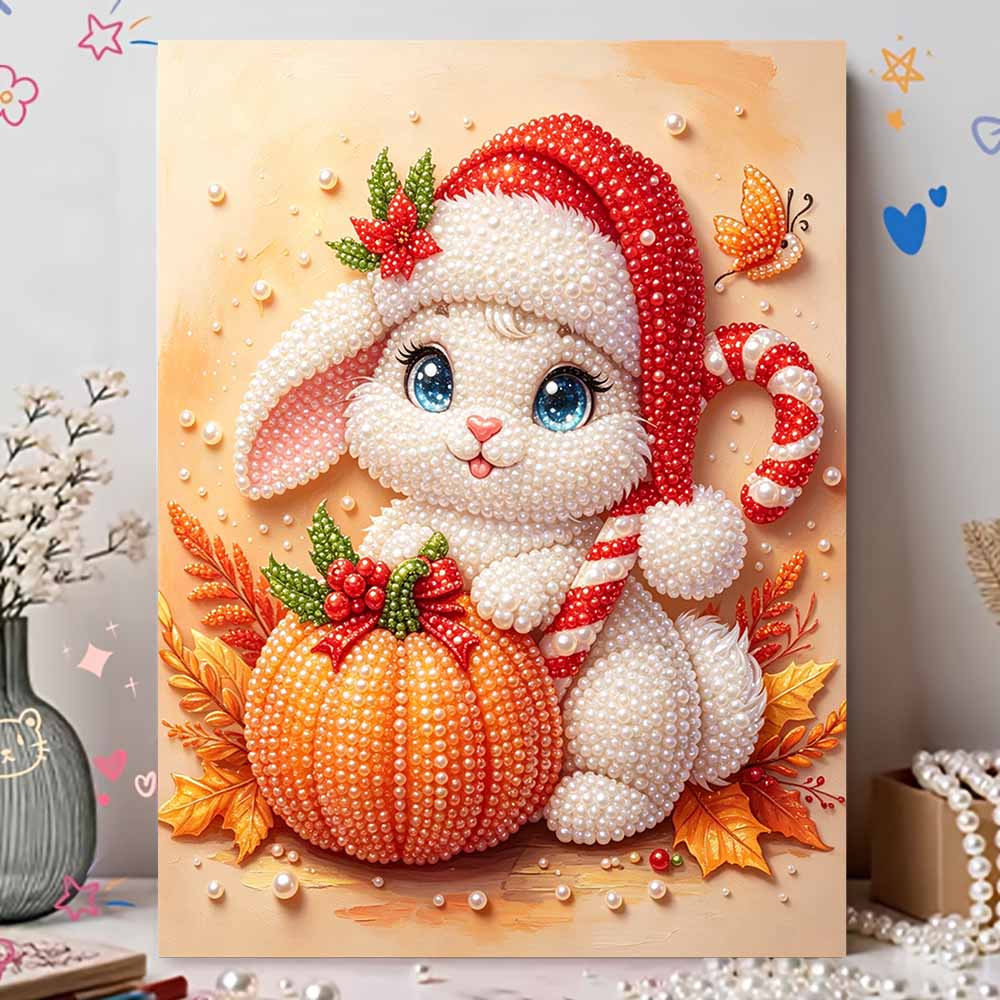 DIY Pearl Bead Painting Kit Cute Bunny Pumpkin Christmas Stress Relief Craft Frameless 3D Canvas Art for Adults Home Decoration Gift