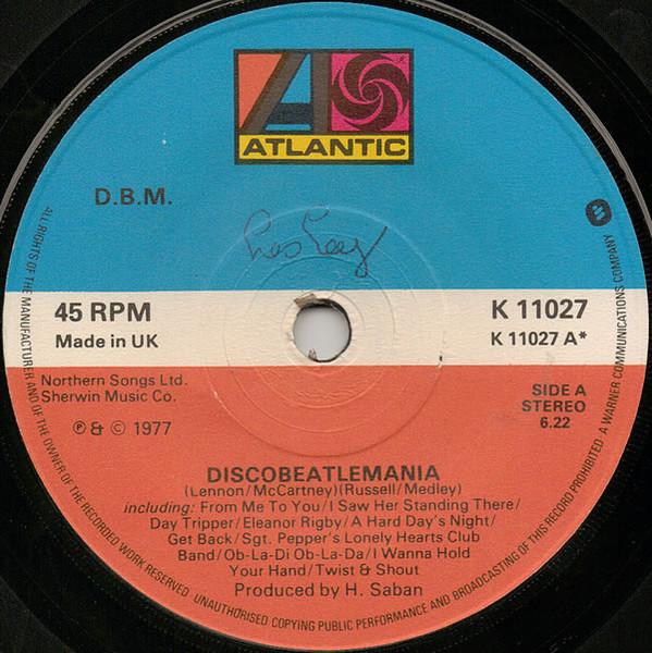 

7-дюймовая пластинка Д.Б.М.. Discobeatlemania K11027 Atlantic 1977 UK Танцевальная Электроника Б/у