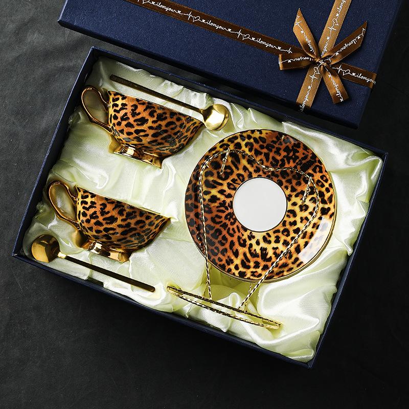 Leopard Pattern Bone Control Porcelain Premium Coffee Cup European Small Luxury Afternoon Tea Cup Set Ceramic Cup and Plate