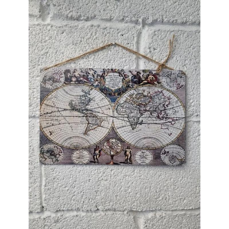 Vintage World Map Tin Sign, Antique Metal Wall Decor