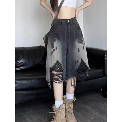 Denim Shorts for Women Gradient Distressed Hollow Out Design Summer Daily Korean Style Fashion Basic