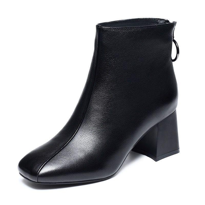 Damskor, Ankelboots med Tjock Klack, Äkta Läder, Mjuk Bomullsfodrade, Med Sammet, Vinter 2025 Nytt Martin-stil.