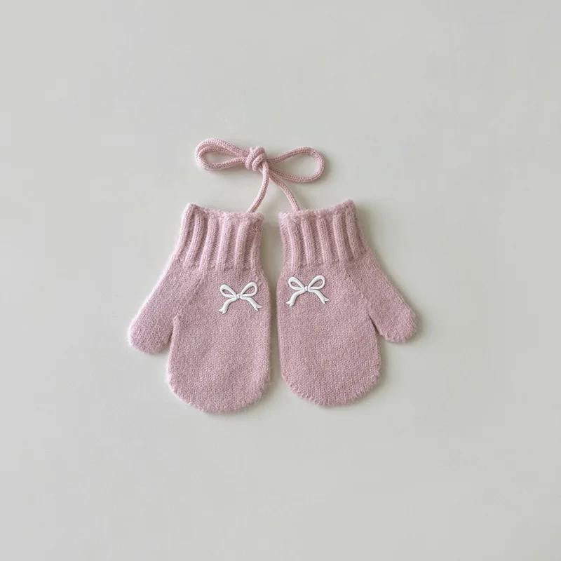 Sweet Bow Kids Girl Knitted Gloves Solid Color Woolen Hanging Neck Mittens Winter Warm Children Glove 3-6Year Baby Hand Cover
