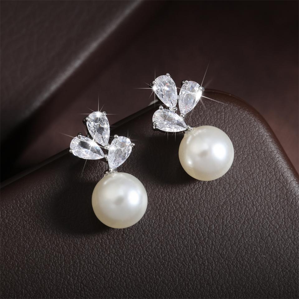 ZAKOL Cute Round Imitation Pearl Stud Earrings For Women Teardrop Zircon Bridal Earring Exquisite Wedding Party Jewelry