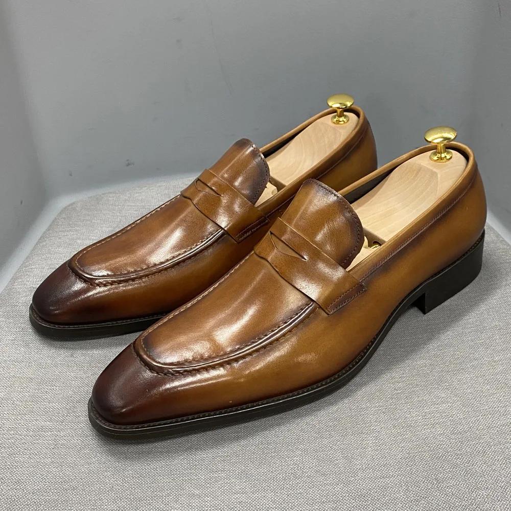 Fashion Classic Big Sizes Men's Penny Loafers Genuine Leather Blue/Brown Handmade Slip-On Business Dress Shoes Male Footwear