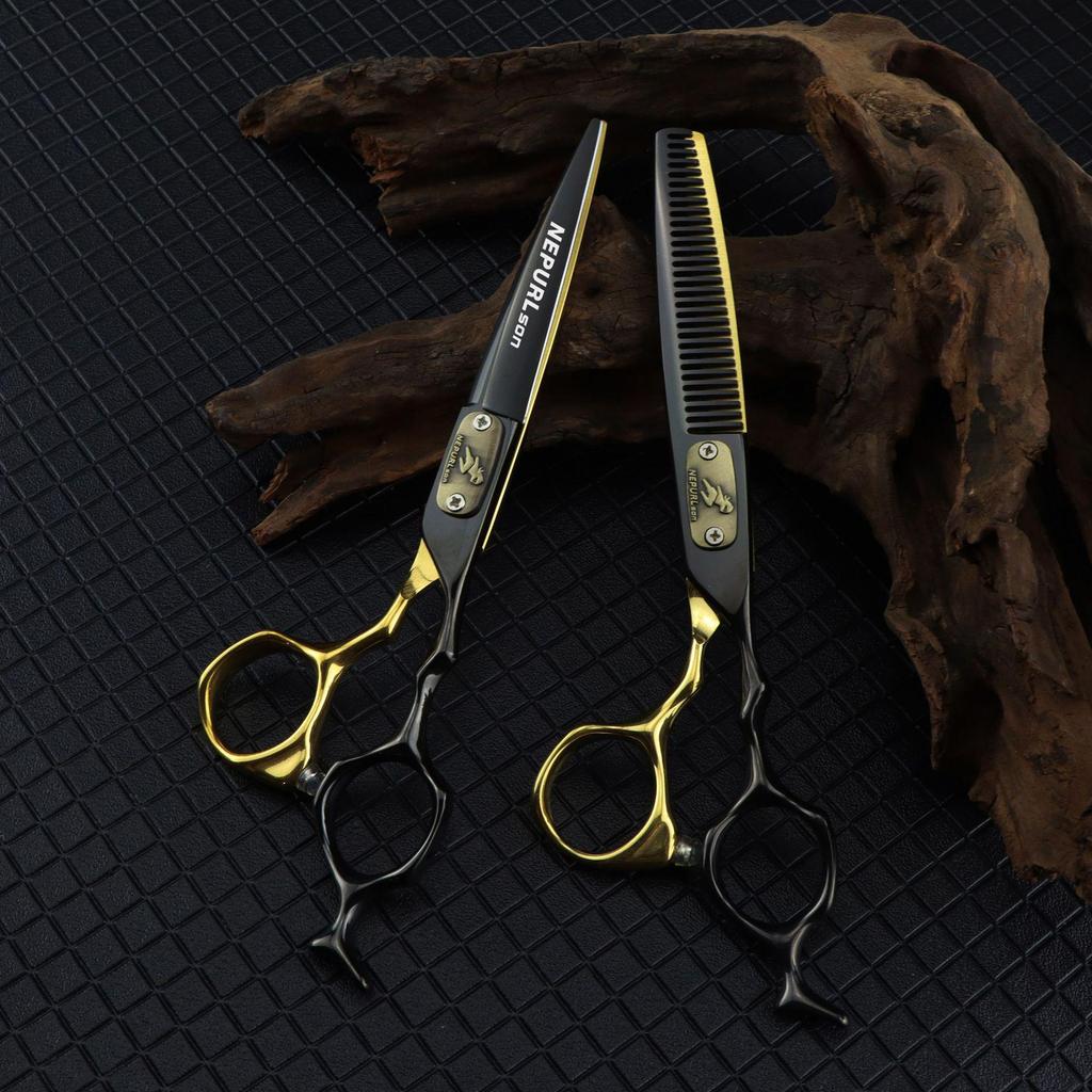 FCG-25 Black Gold Hairdressing Scissors Set: Straight, Serrated & Thinning - Professional Salon Quality