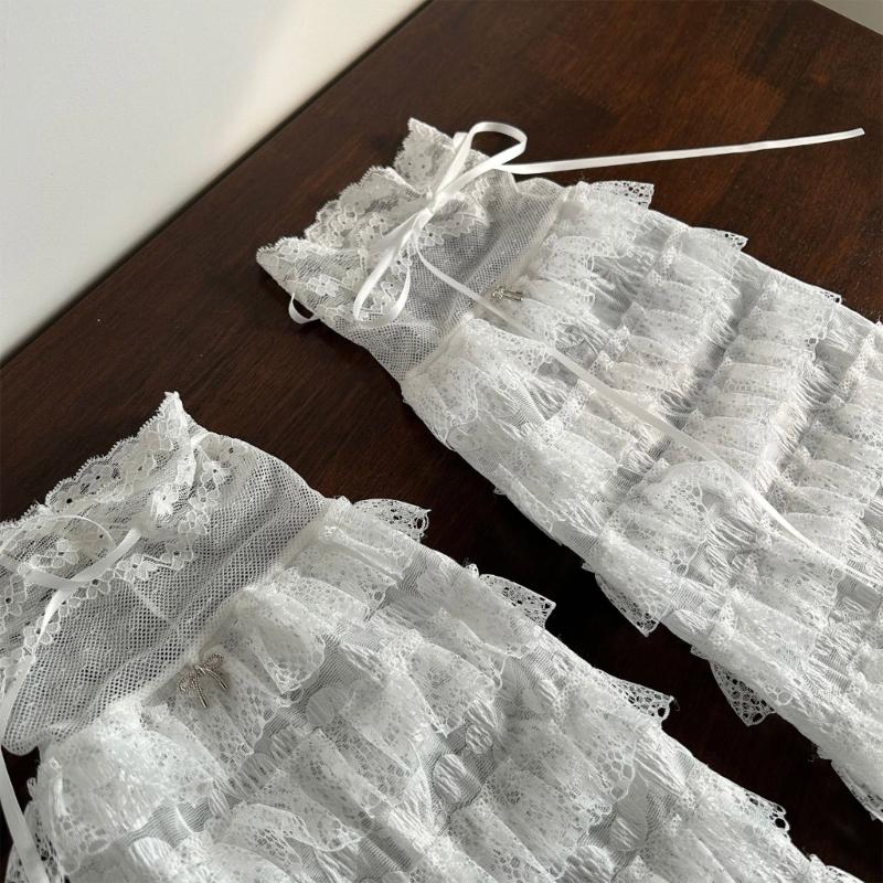 Aesthetic Elegant Tiered Ruffle Lace Leg Warmers for Women Mesh Leg Sleeves Covers Footless Socks with Ribbon Bowknot