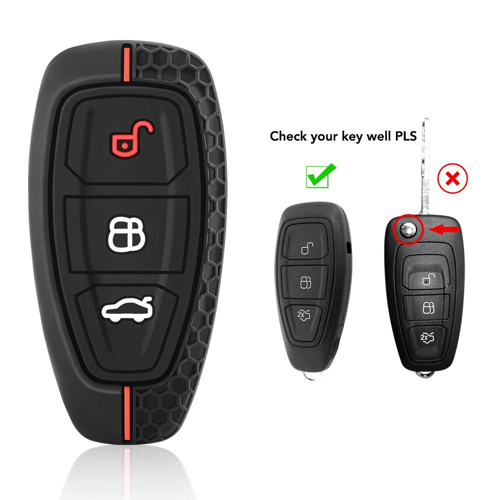 Custodia Chiave Auto In Pelle Con Portachiavi Per Ford Fiesta, Focus, Kuga, Mondeo E Altri - Compatibile Con Telecomandi Intelligenti - Colore Nero E Rosso