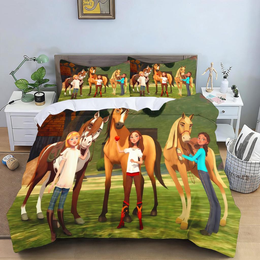 Spirit Riding Free Cartoon Horse Bedding Set Running Horses Print Duvet Cover Pillowcase Soft Kids Bedroom Bed Linens