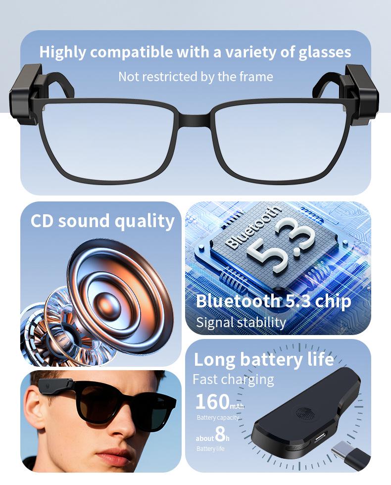 Bluetooth Clip-On Glasses Headset with Long Battery Life & Touch Controls for Versatile Use