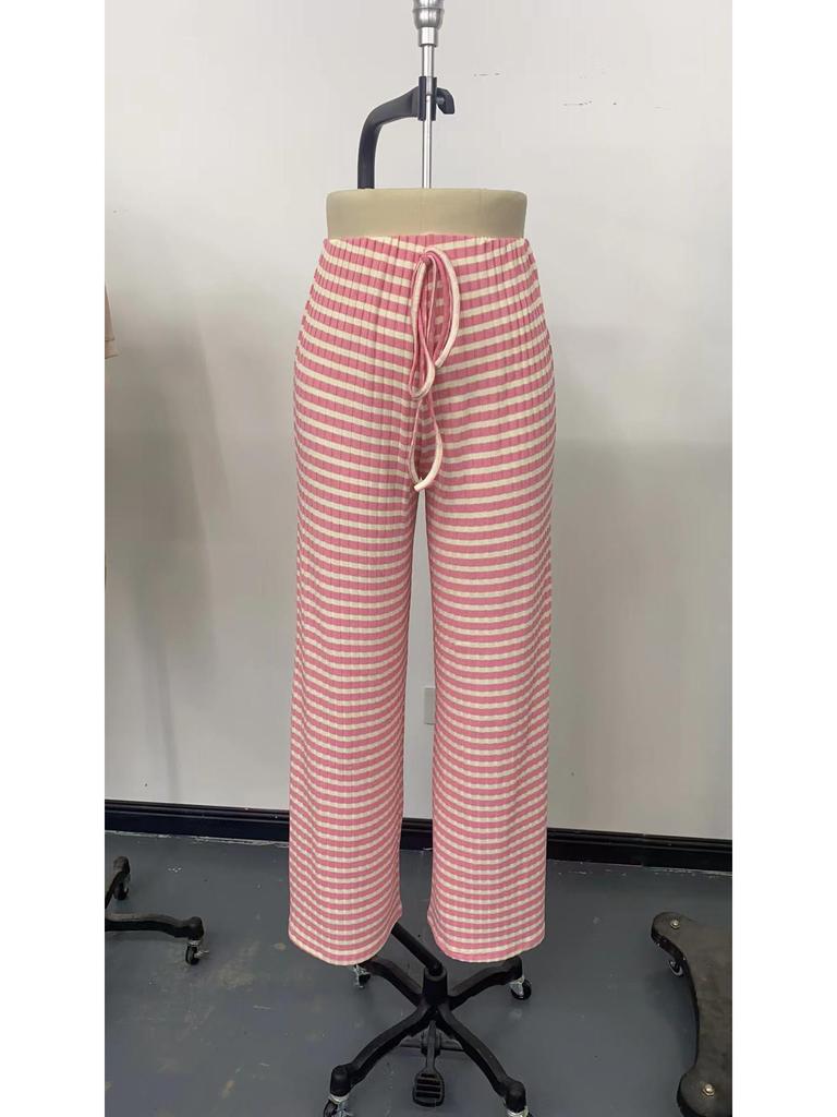 2026 Women's Casual Striped Cotton Pants with Elastic Waist and Drawstring