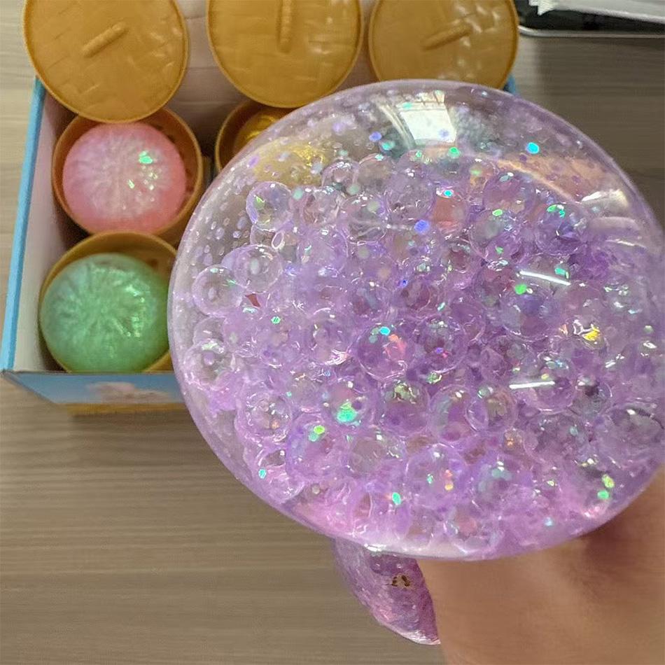 Glitter Dumpling Fidget Toy Squishy Stress Relief Balls with Steamer Reusable Rebound Squeeze Reliever Toys Dough Ball Gifts