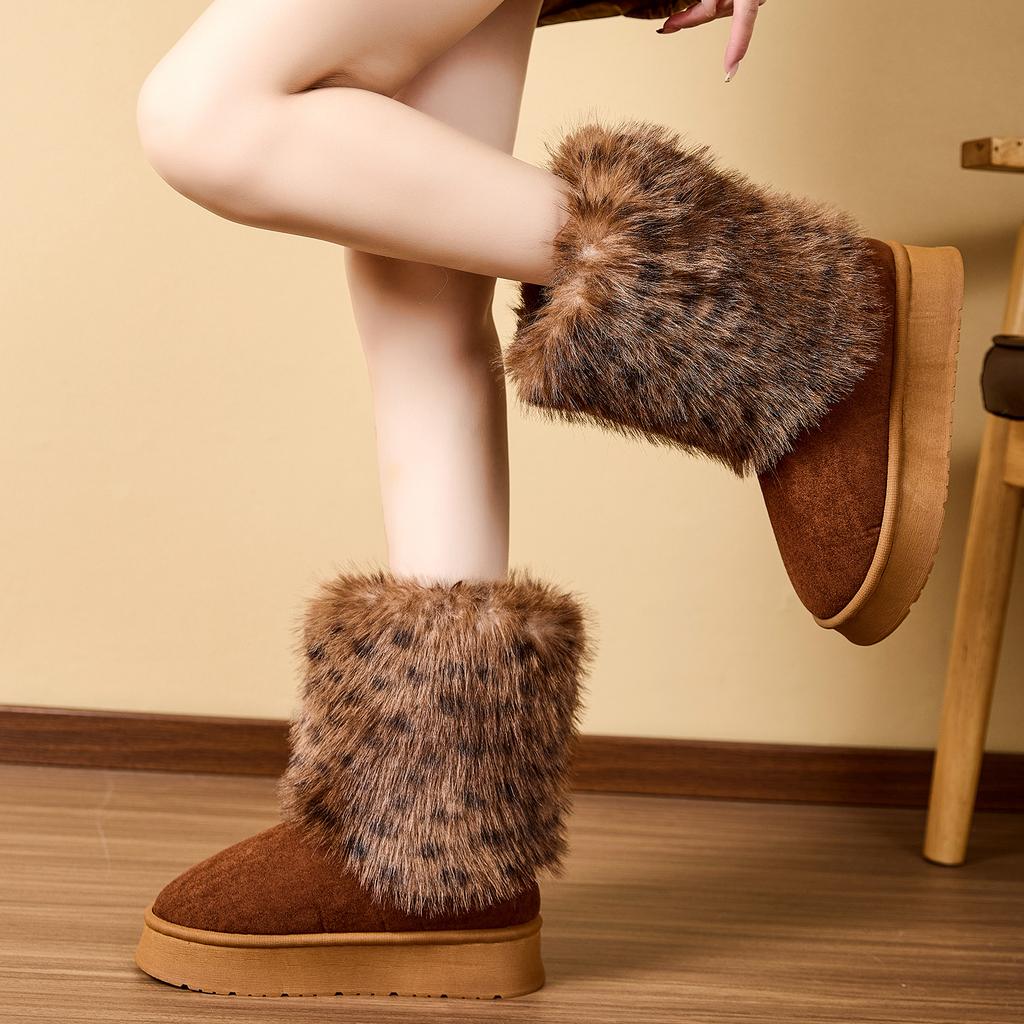 Leopard Print Long Haired High Top Boots for Winter Women, Thick Soled Anti Slip Warm Cotton Slippers, Home Cotton Shoes