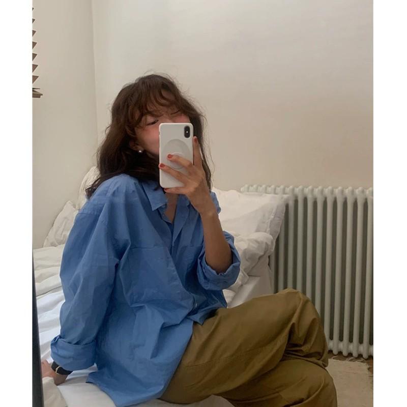 In Stock: Women's Korean Dongdaemun Blue Classic Long-Sleeve Loose Fit Spring Shirt