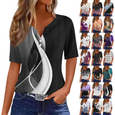 T Shirts For Women Pleated V Neck Dressy Casual Blouses Printing Short Sleeve Summer Tops Loose Fit