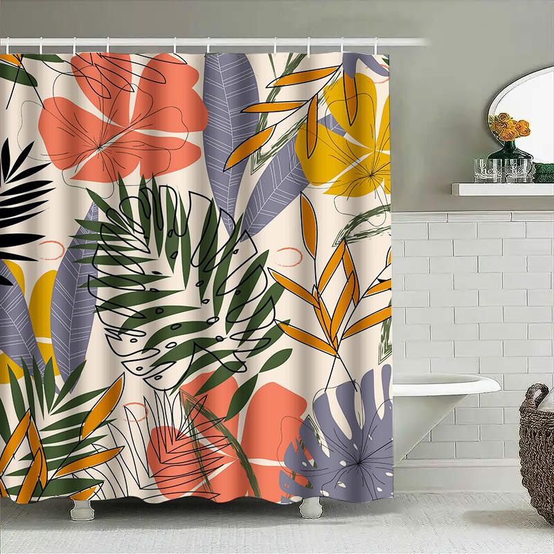 Modern Tropical Print Shower Curtain with Green Leaves Waterproof Fabric for Bathroom Decorations