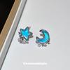 Blue Star Moon Pearl Ear Clips Women's No Ear Piercings Fresh and Sweet Asymmetrical Earrings Niche Design Square Round Face Earrings