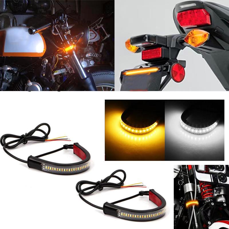 Universal Motorcycle LED Fork Turn Signal Light Strip DRL White&Amber Blinkers 12V Waterproof Adjustable Light Bar Strip