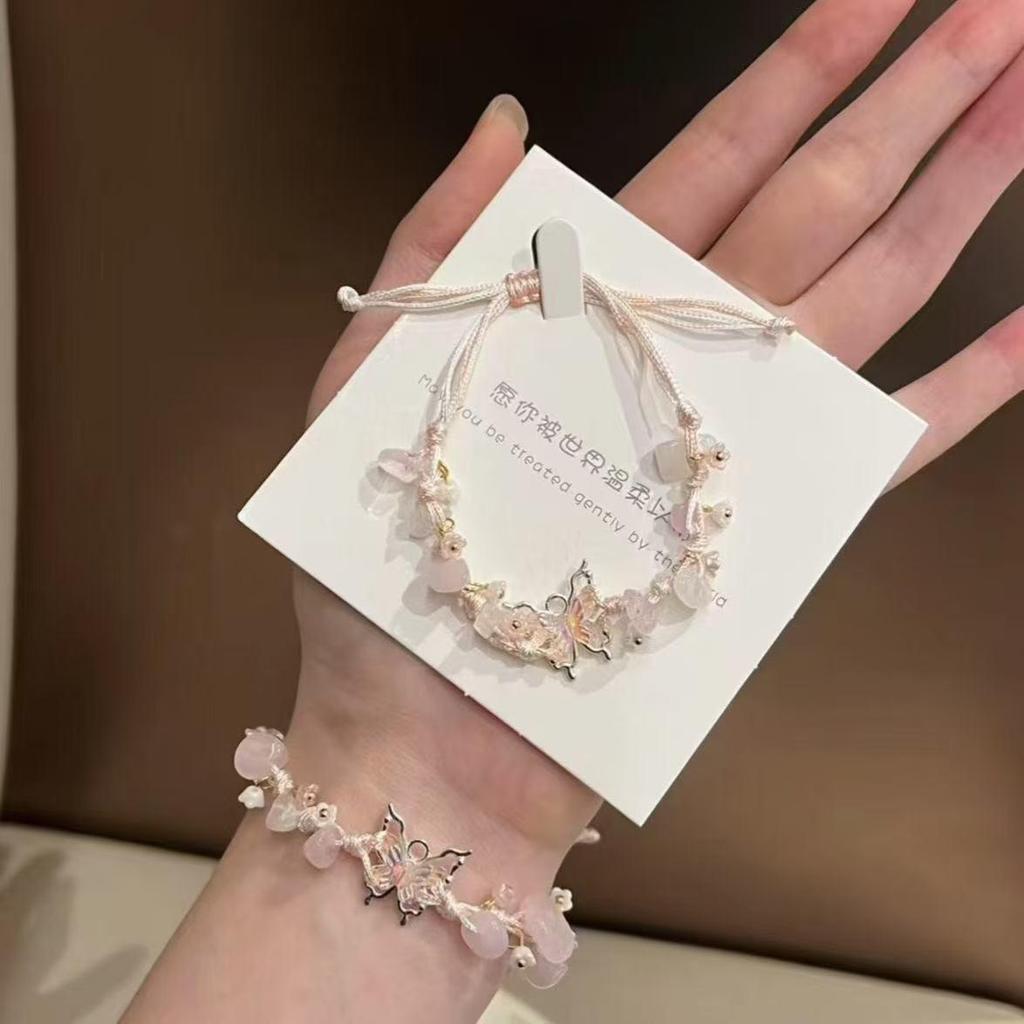 New Chinese Handmade Sweet Lotus & Butterfly Bracelet with Osmanthus & Cat Charm