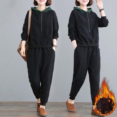 Autumn & Winter Women's Sports Suit - 2-Piece Fleece-Lined Thickened Loose Fit Fashionable Hooded Sweatshirt